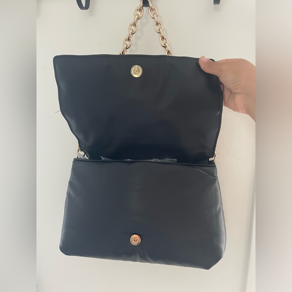 Black Quilted Puffy Vegan Leather Shoulder Bag with Gold Chain Strap - Picture 4 of 7